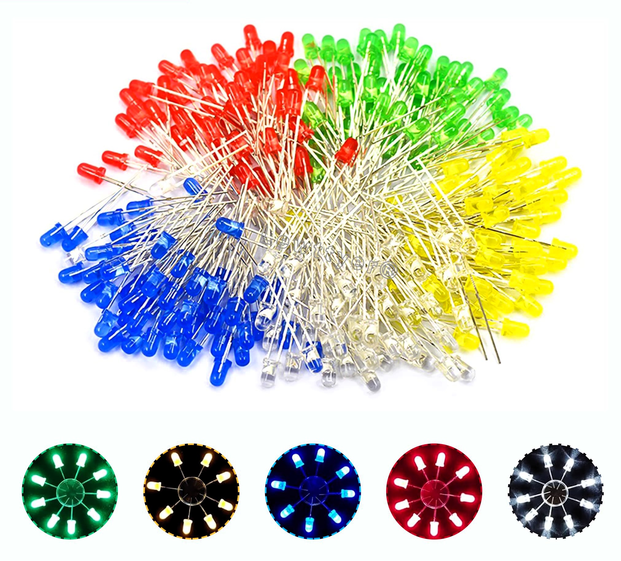 1000 x LED F5 – (rouge, vert, bleu, jaune, blanc)