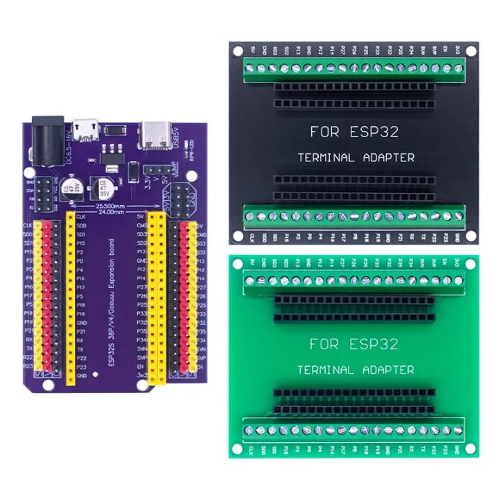 Carte d'extension pour ESP32 38 broches + 2 adaptateurs à bornier
