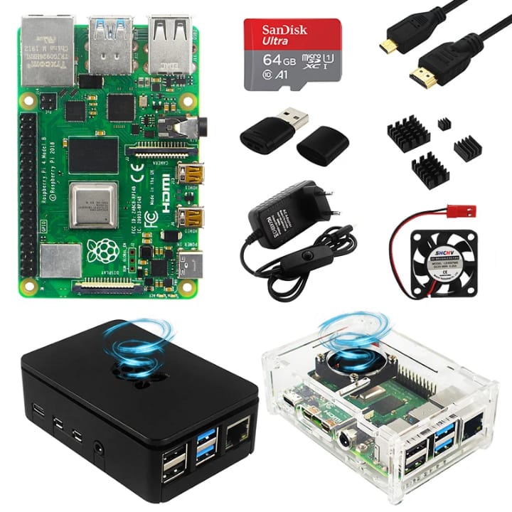 Kit Raspberry Pi 4 complet — carte 64 Go, boîtier transparent LED