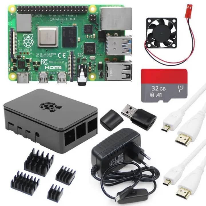 Kit Raspberry Pi 4 complet — boîtier, carte 32 Go, ventilateur